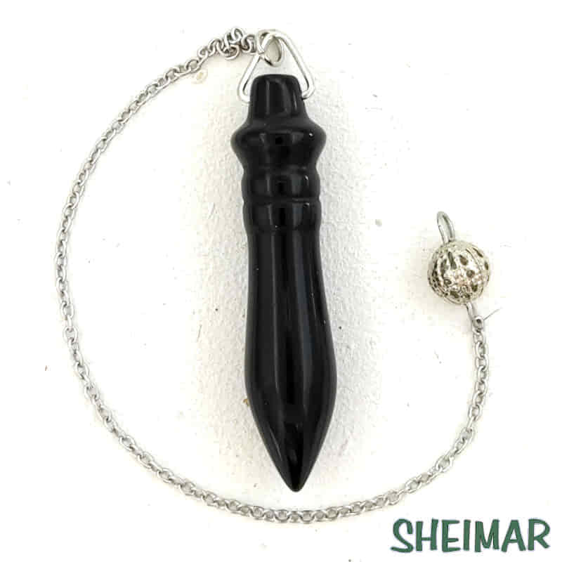 PÉNDULO KARNAK MINERAL OBSIDIANA NEGRA CON CADENA DE ACERO 30cm