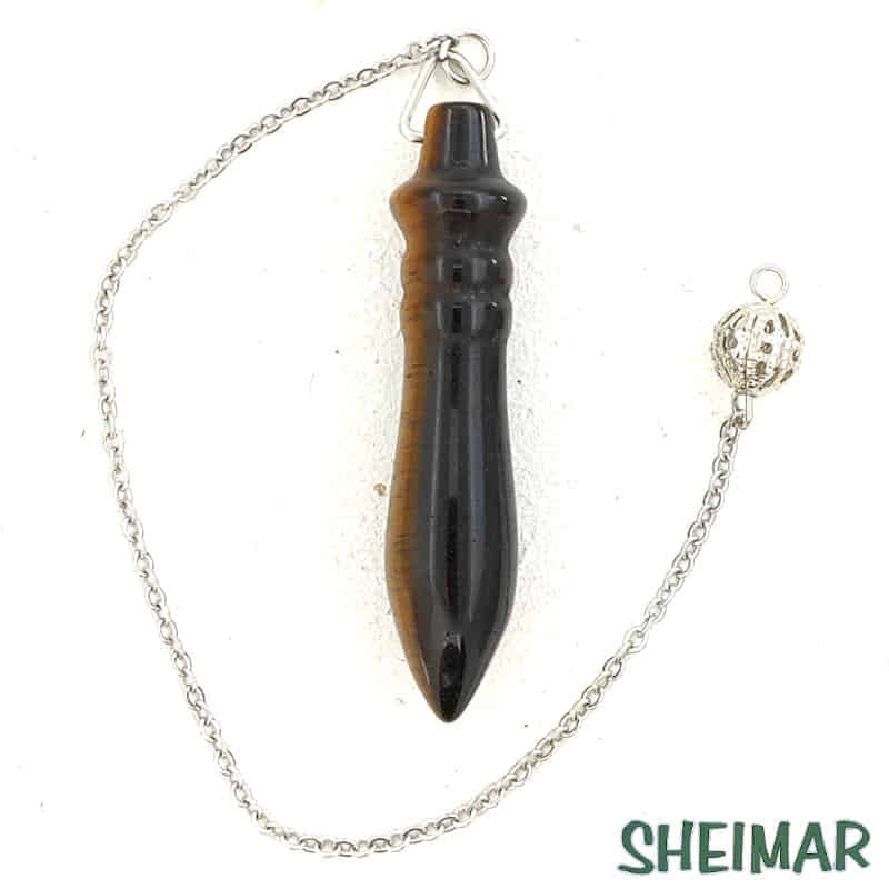 PÉNDULO KARNAK MINERAL OJO DE TIGRE CON CADENA DE ACERO 30cm