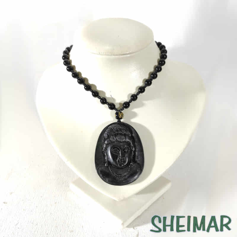 COLGANTE MINERAL JADE NEGRO TALLADO EN FORMA DE ROSTO DE LA DIOSA KWAN YIN CON CORDÓN EXTENSIBLE 60cm - Imagen 2
