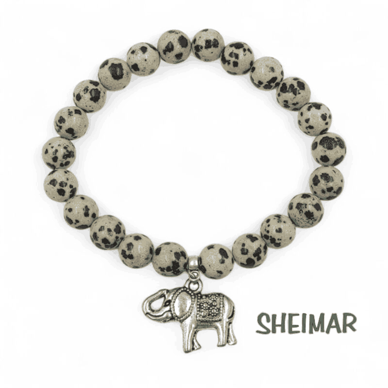 PULSERA ELÁSTICA MINERAL JASPE DÁLMATA CON AMULETO DE LA SUERTE (CUENTAS 8mm)