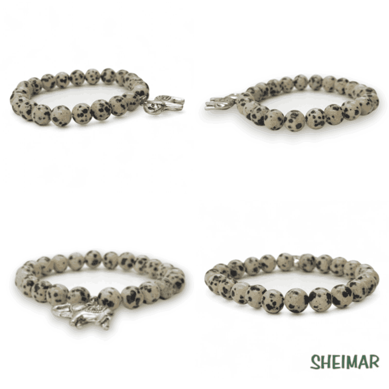 PULSERA ELÁSTICA MINERAL JASPE DÁLMATA CON AMULETO DE LA SUERTE (CUENTAS 8mm) - Imagen 2