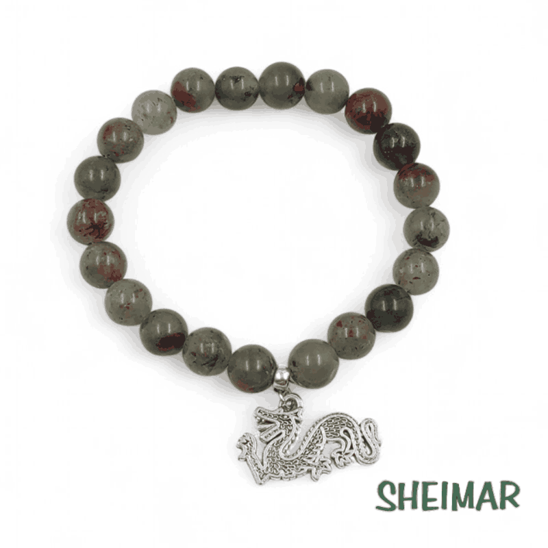 PULSERA ELÁSTICA MINERAL HELIOTROPO CON AMULETO DE LA SUERTE (CUENTAS 8mm)