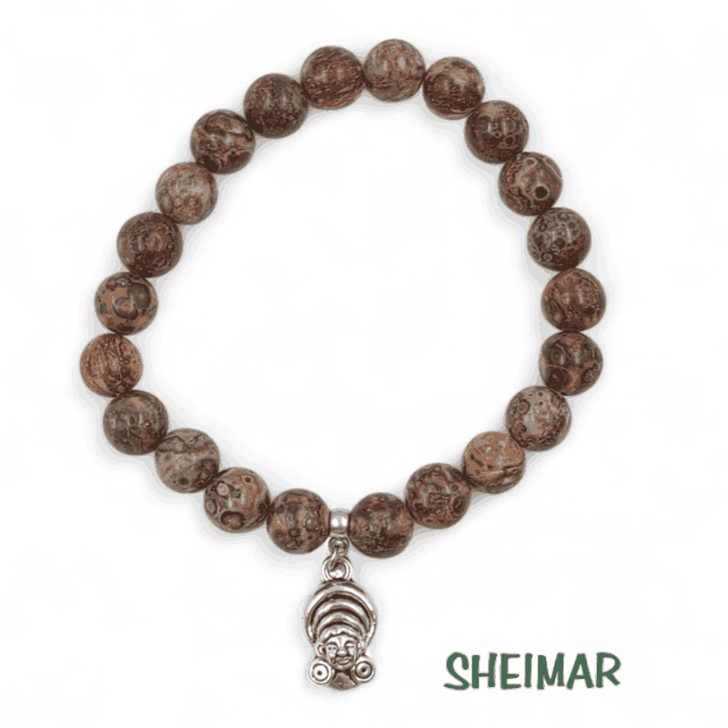 PULSERA ELÁSTICA MINERAL JASPE LEOPARDO CON AMULETO DE LA SUERTE (CUENTAS 8mm)