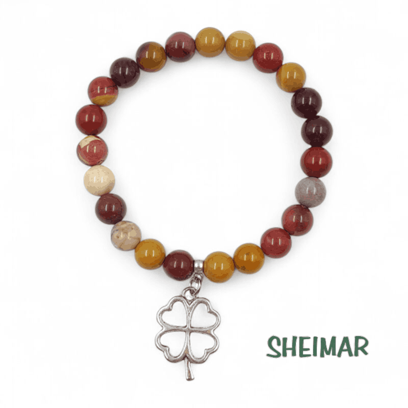 PULSERA ELÁSTICA MINERAL MOKAITA CON AMULETO DE LA SUERTE (CUENTAS 8mm)