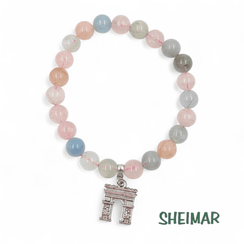 PULSERA ELÁSTICA MINERAL MORGANITA CON AMULETO DE LA SUERTE (CUENTAS 8mm)
