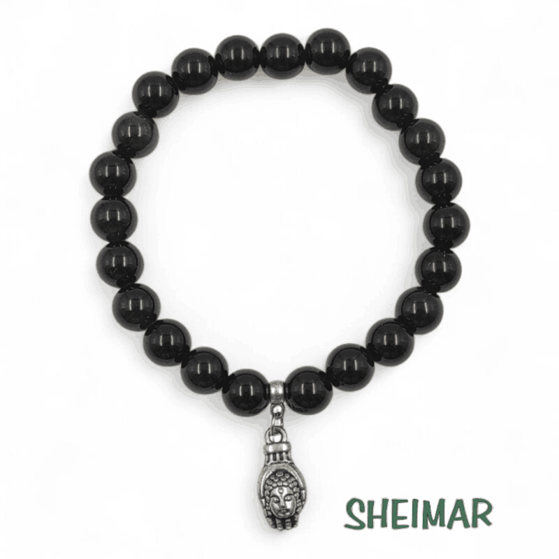 PULSERA ELÁSTICA MINERAL OBSIDIANA ARCOIRIS CON AMULETO DE LA SUERTE (CUENTAS 8mm)