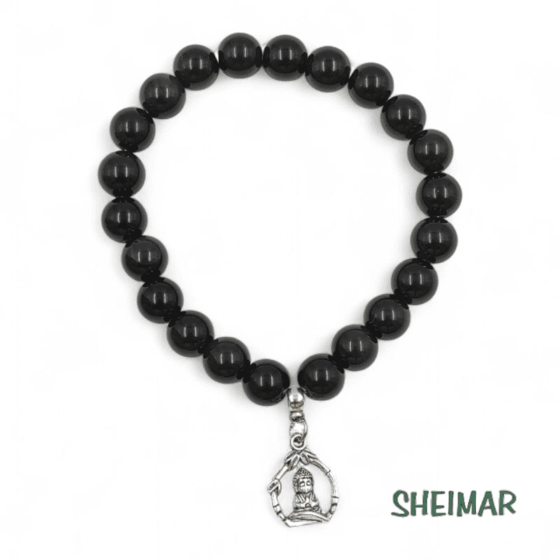 PULSERA ELÁSTICA MINERAL OBSIDIANA NEGRA CON AMULETO DE LA SUERTE (CUENTAS 8mm)