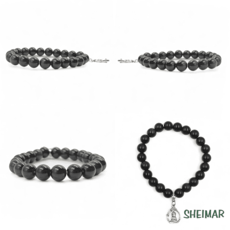 PULSERA ELÁSTICA MINERAL OBSIDIANA NEGRA CON AMULETO DE LA SUERTE (CUENTAS 8mm) - Imagen 2