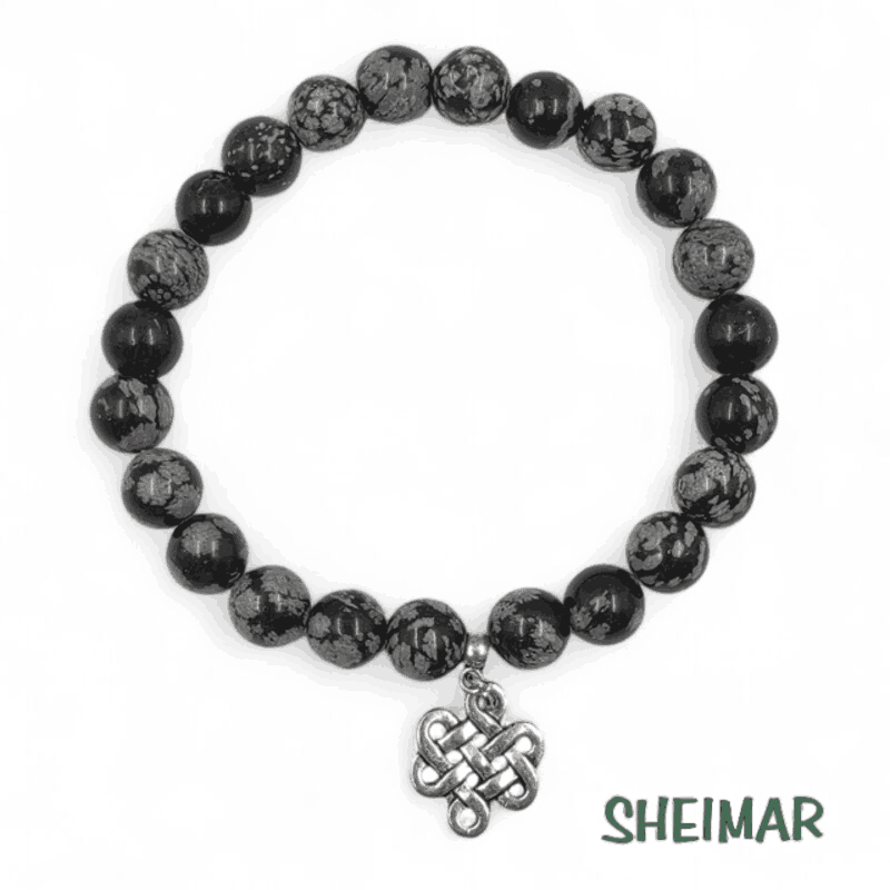 PULSERA ELÁSTICA MINERAL OBSIDIANA NEVADA CON AMULETO DE LA SUERTE (CUENTAS 8mm)