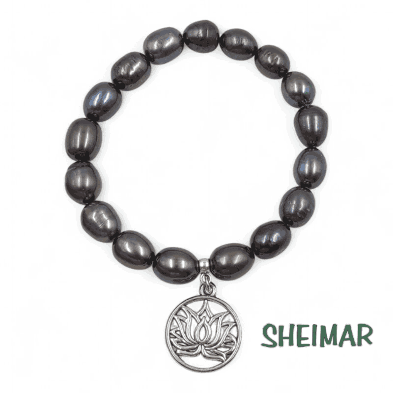 PULSERA ELÁSTICA MINERAL PERLAS NEGRAS BARROCAS CON AMULETO DE LA SUERTE (CUENTAS 9mm Aprox.)