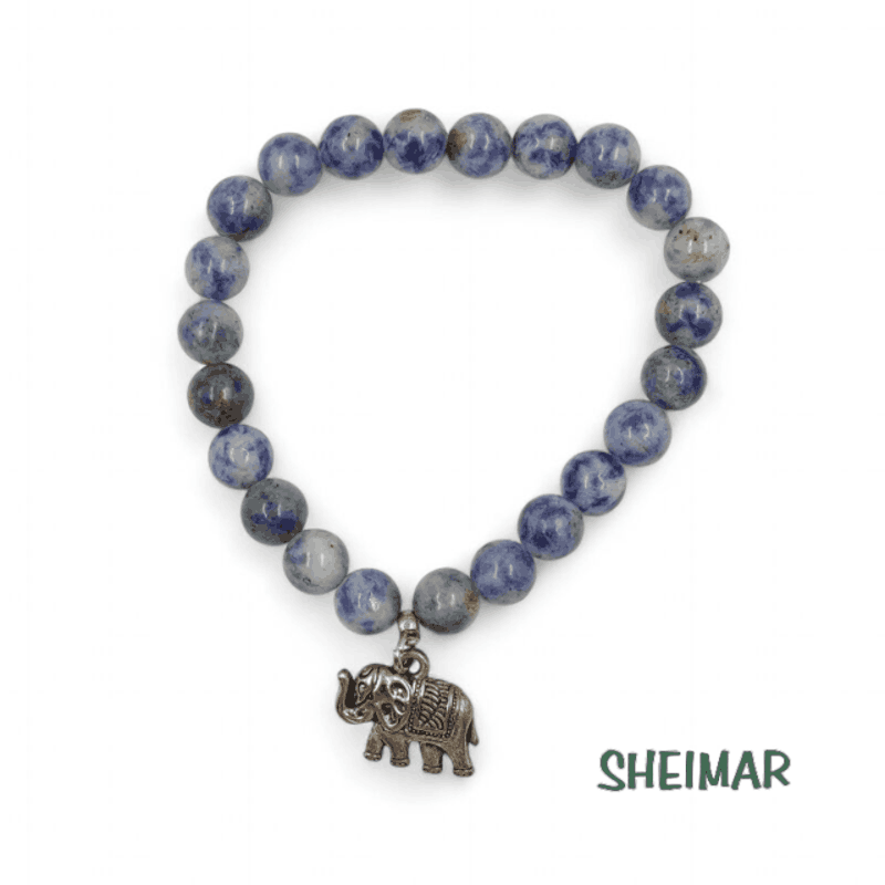 PULSERA ELÁSTICA MINERAL SODALITA BOLIVIANA CON AMULETO DE LA SUERTE (CUENTAS 8mm)