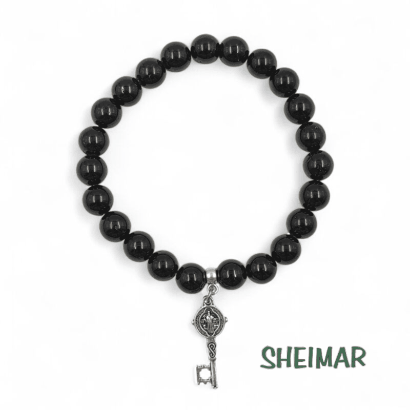 PULSERA ELÁSTICA MINERAL TURMALINA NEGRA CON AMULETO DE LA SUERTE (CUENTAS 8mm)