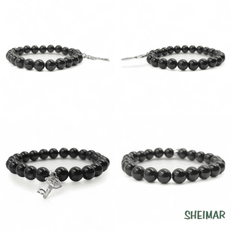 PULSERA ELÁSTICA MINERAL TURMALINA NEGRA CON AMULETO DE LA SUERTE (CUENTAS 8mm) - Imagen 2